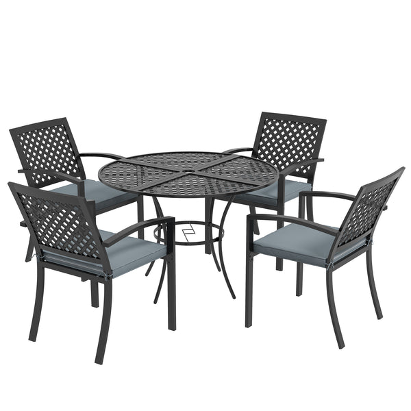 5 Piece Outdoor Dining Set with 4 Padded Stacking Armchairs, Patio Furniture Set with Umbrella Hole, Grey