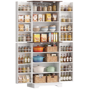 Farmhouse-style tall pantry with 2 cabinets, door, and adjustable shelves, white