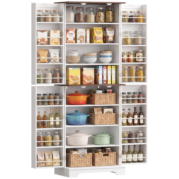 Farmhouse-style tall pantry with 2 cabinets, door, and adjustable shelves, white