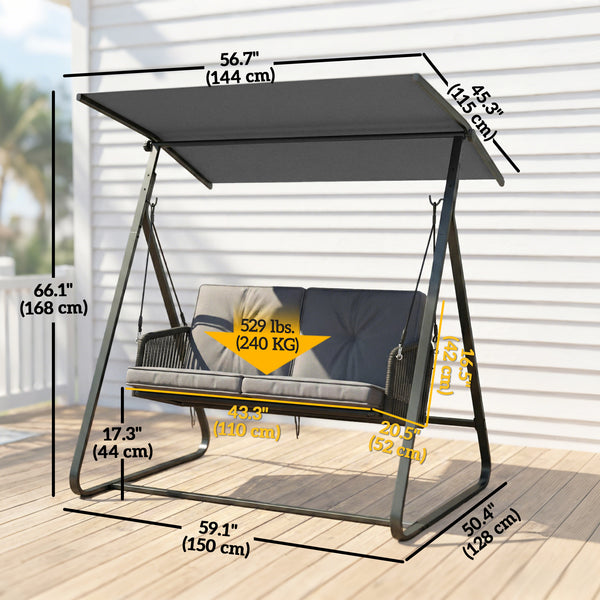 Outdoor 2-Person Patio/Porch Swing with Adjustable Canopy, Rattan with Soft Cushions