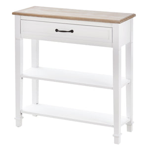 Narrow and modern entrance console with drawer and 2 shelves, white