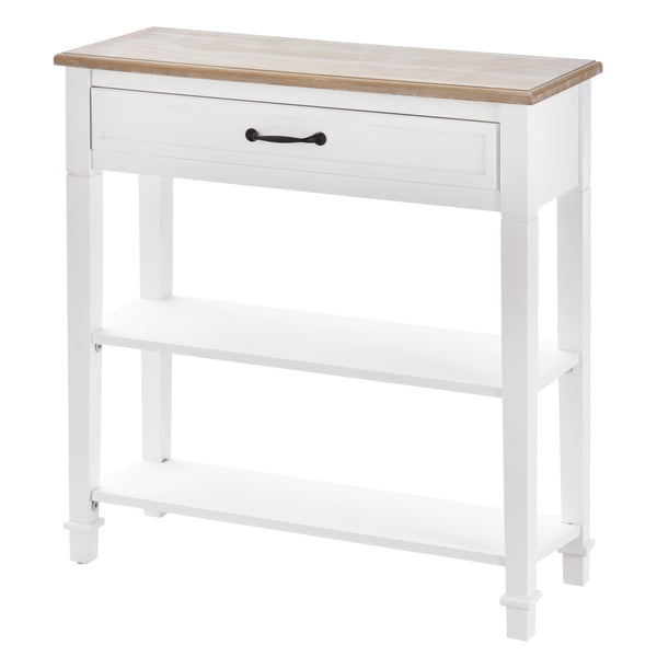Narrow and modern entrance console with drawer and 2 shelves, white
