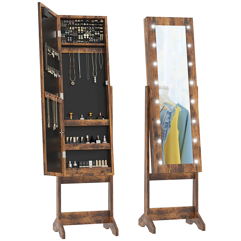 Freestanding jewelry cabinet with illuminated mirror, adjustable angle and 16 LEDs, rustic brown color