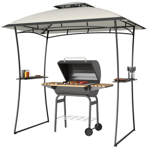 Two-tier barbecue gazebo with 2 side shelves and a hook, light grey