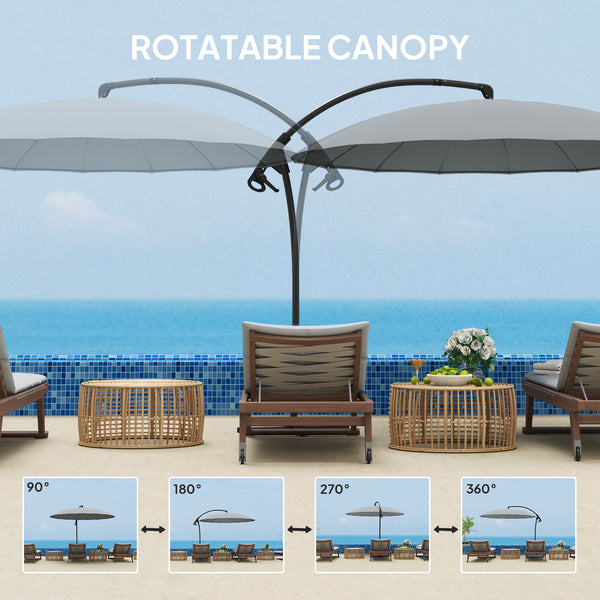 2.7m Cantilever Umbrella with 16 Fiberglass Ribs, Offset Hanging Umbrella, Patio Umbrella with Crank and Cross Base, Grey