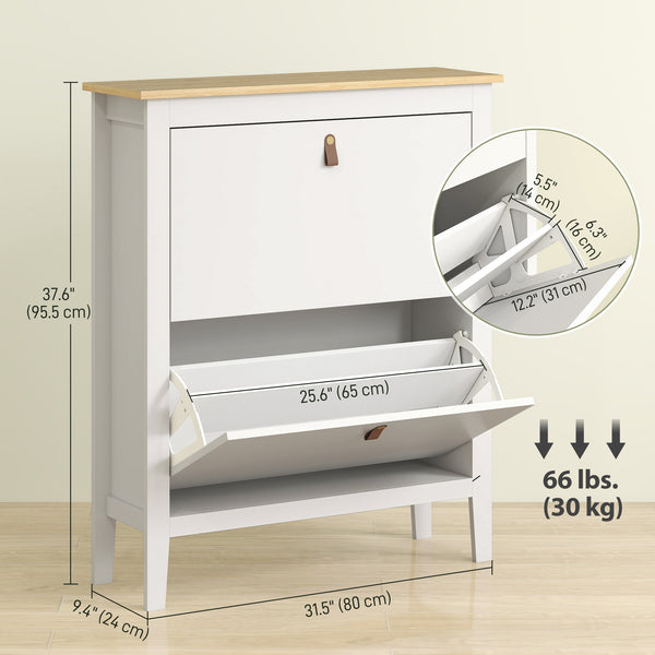 Narrow white and oak-effect shoe cabinet with 2 tilt drawers – 10 to 14 pairs