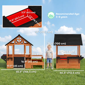 Wooden playhouse for children aged 3 to 8, with a table, benches, a sink, windows, and flower box holders, brown.