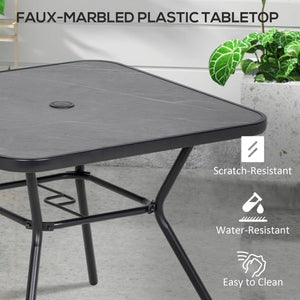 Square outdoor table with faux marble top and umbrella hole, dark gray
