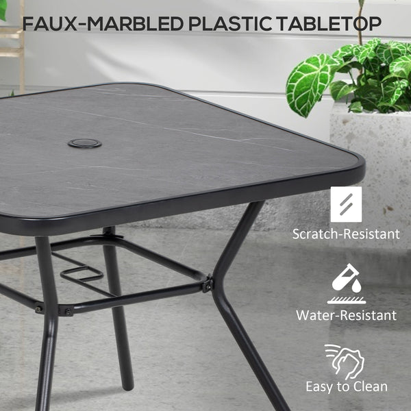 Square outdoor table with faux marble top and umbrella hole, dark gray
