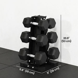 Set of 6 hexagonal dumbbells with A-frame rack, 15 to 25 lbs – Black