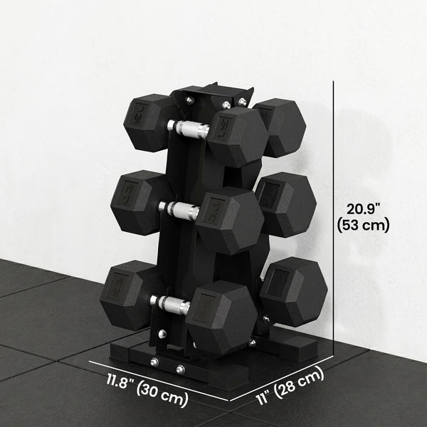 Set of 6 hexagonal dumbbells with A-frame rack, 15 to 25 lbs – Black