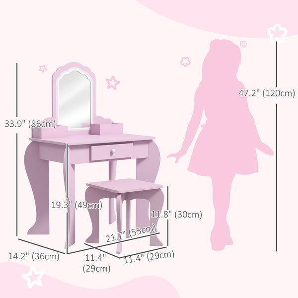 Dressing table with mirror and stool, drawer and storage - pink 