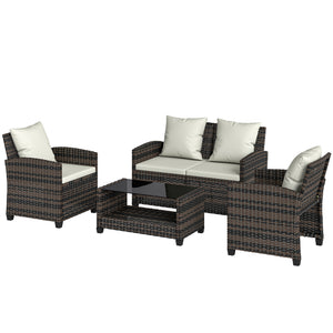 4-Piece Wicker Rattan Conversation Set with Two-Seater Sofa, Chairs and Two-Tier Table with Cushions, Beige.