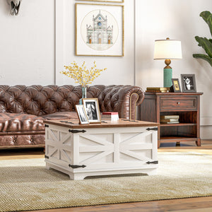 Farmhouse Style Square Coffee Table with Hinged Lids, White