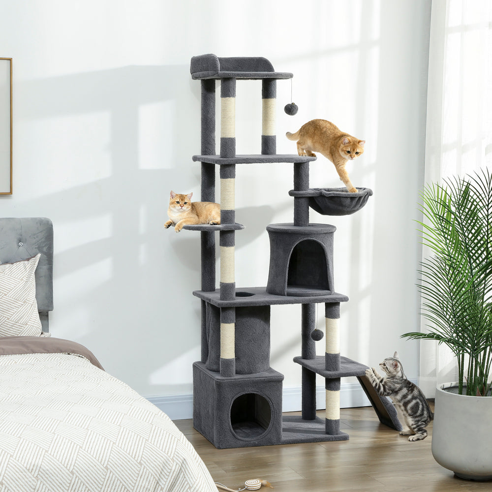 Cat tree with 7 scratching posts, tunnel, 2 hideaways, hammock, perch, ramp, pom-poms, dark grey