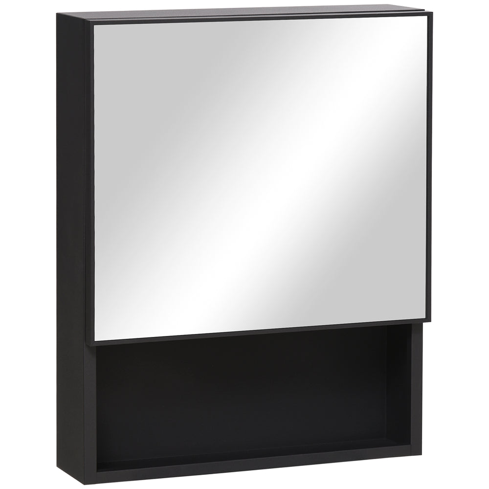 Wall-mounted mirror cabinet with single door, storage shelves and stainless steel frame, black