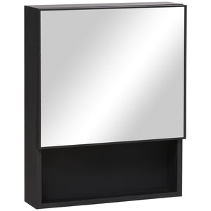Wall-mounted mirror cabinet with single door, storage shelves and stainless steel frame, black