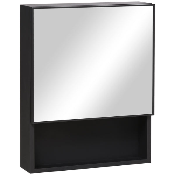 Wall-mounted mirror cabinet with single door, storage shelves and stainless steel frame, black