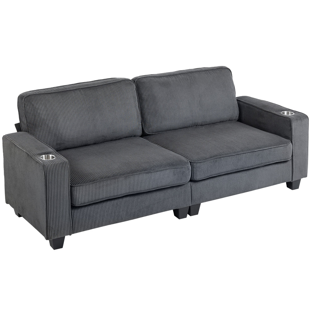 3-seater fabric sofa with spring cushions and cup holders, dark grey