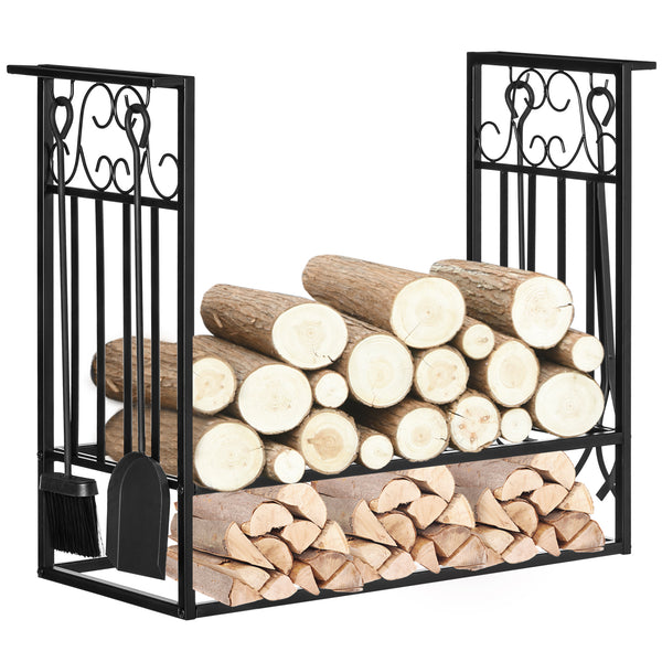 Firewood rack with 4 fireplace tools and raised base – Black