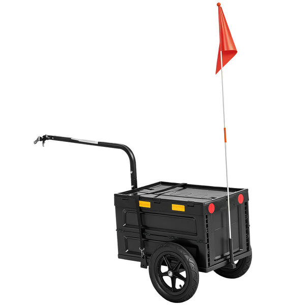 Bicycle trailer with foldable storage box and lid, quick-release wheels, reflective stickers, and safety flag