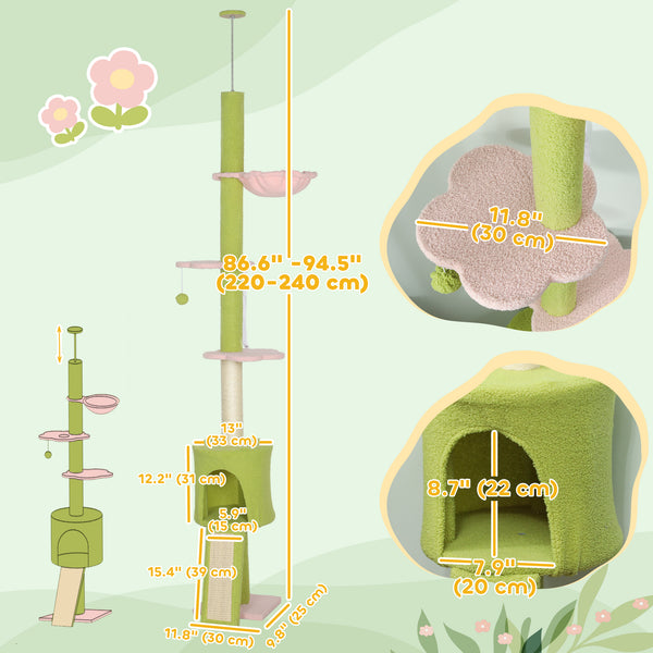 221-241cm Floor-to-Ceiling Cat Tree with Scratching Post, Condo &amp; Hammock, Green