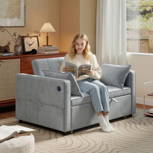 3-in-1 convertible sofa bed with USB port, adjustable backrest and side pockets, light grey.