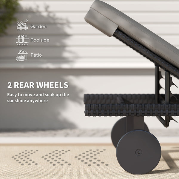 Synthetic rattan garden lounge chair with 5-way adjustable backrest, wheels and cushion, grey