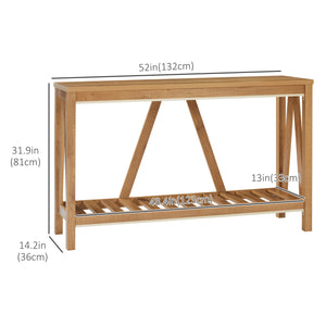 Narrow country style entryway console table with storage shelf, brown