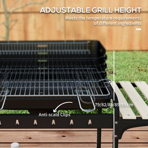 Height-adjustable charcoal barbecue with ash catcher and wheels, black