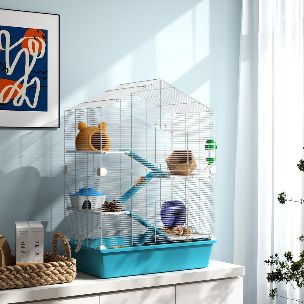 5-level hamster cage with platforms, ramps, and accessories – White and pale blue