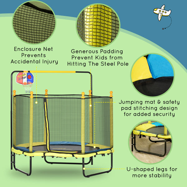 Trampoline 4,6 pieds avec panier de basket, barre horizontale et filet, jaune