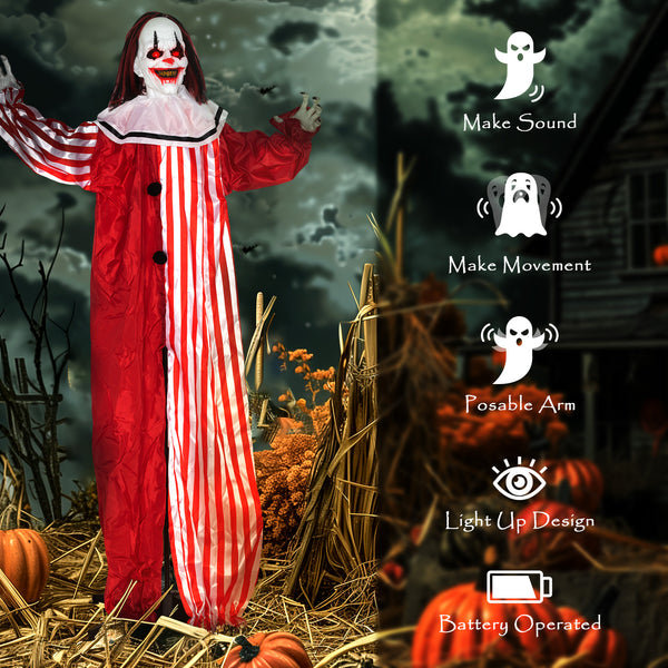 Life-size animated clown for Halloween, red light-up eyes, sound activated, battery operated
