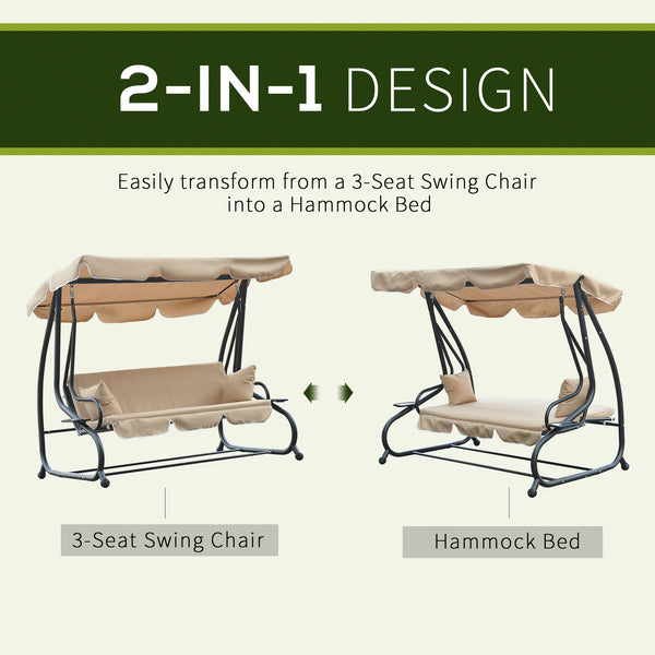 3-seater outdoor swing, convertible into a bed, removable cushions and cup holder, beige