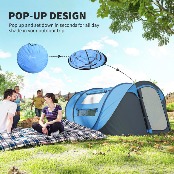 Tente de camping 4 personnes, montage instantané facile avec portes, fenêtres et sac de transport, idéale pour la randonnée, bleue