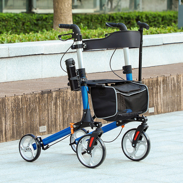 Lightweight folding walker with large seat, backrest and adjustable handle blue