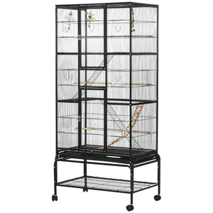 Bird Cage with Wheels, Perches, Ramp, Storage Shelf, Toys for Canaries, Finches, Cockatiels and Parakeets, Black