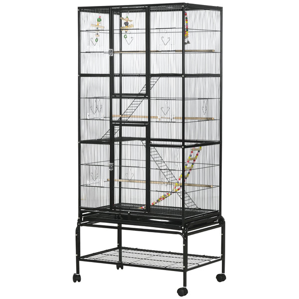 Bird Cage with Wheels, Perches, Ramp, Storage Shelf, Toys for Canaries, Finches, Cockatiels and Parakeets, Black