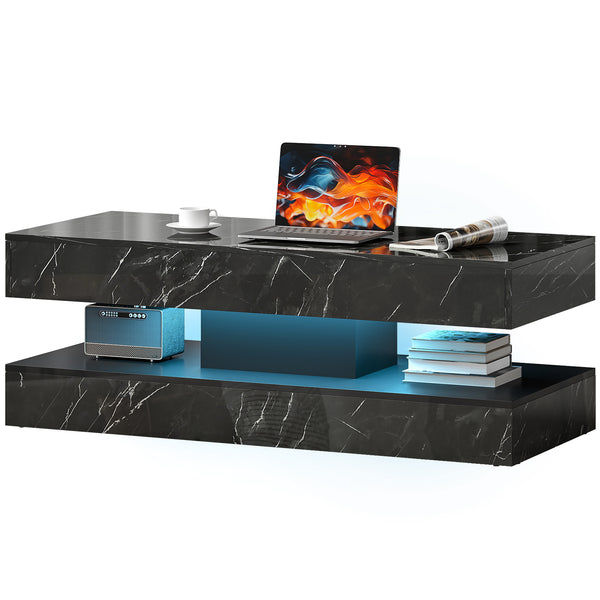 Coffee table with adjustable LED lighting, 2 drawers, open shelf, remote control, glossy black marble effect finish.