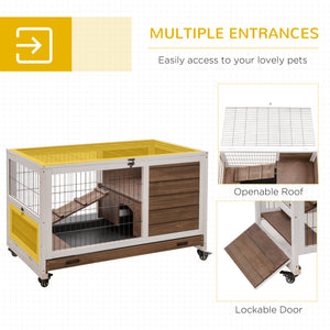 Wooden hutch with enclosed run and wheels, brown