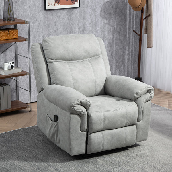 Manual reclining chair with vibration massage, side pockets, in grey microfiber