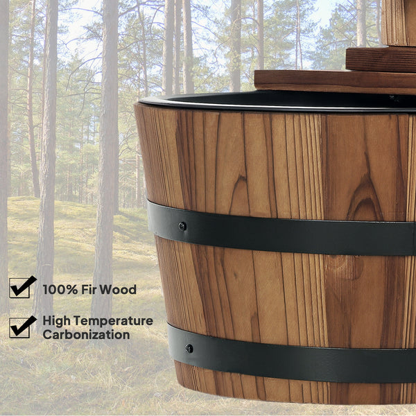 Outdoor cascading fountain, wooden barrel
