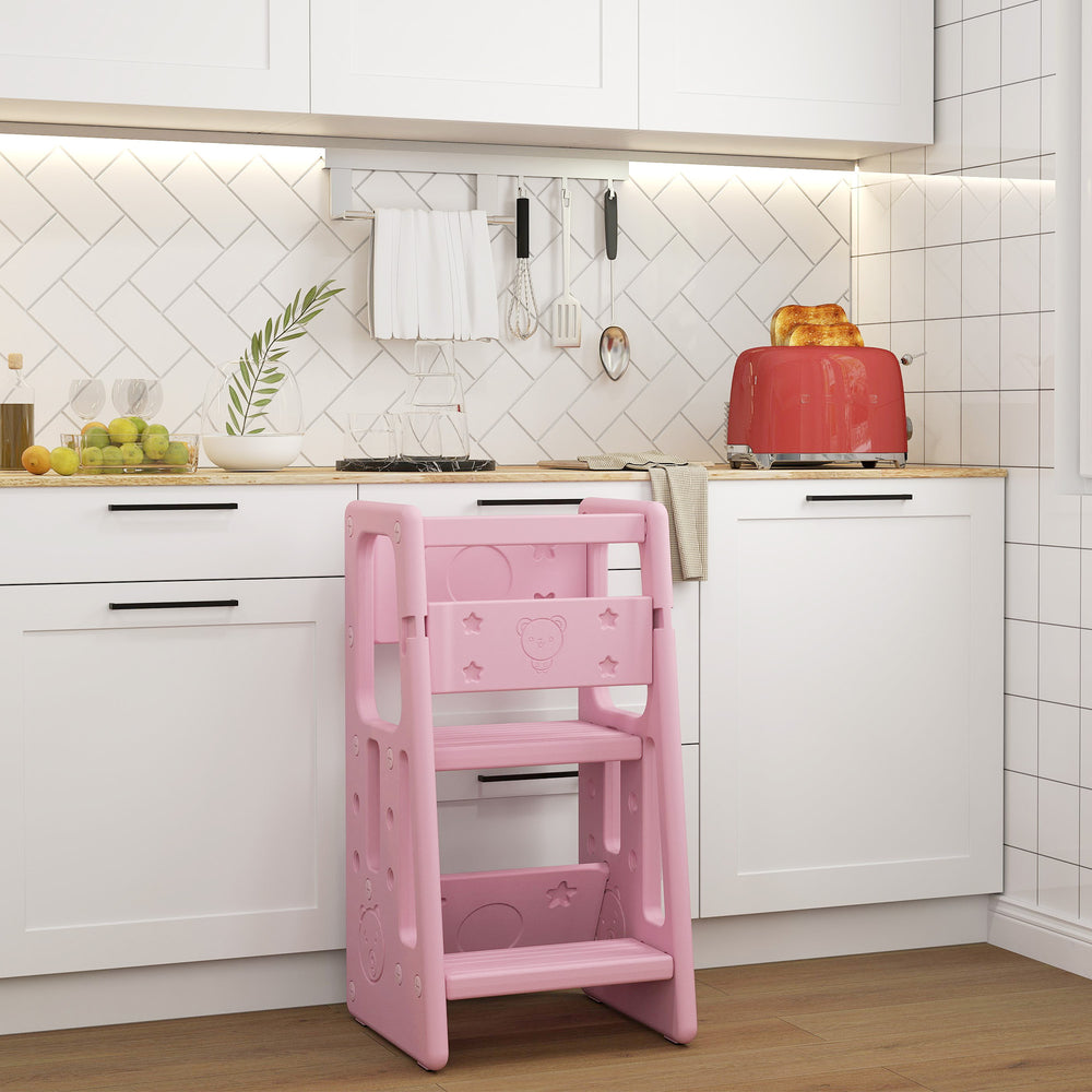 Toddler Kitchen Stool with 2 Steps and Adjustable Platform, Pink