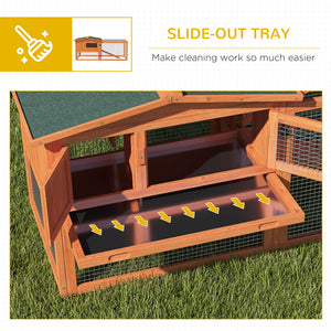 Wooden hutch with removable tray, opening roof, waterer, and run