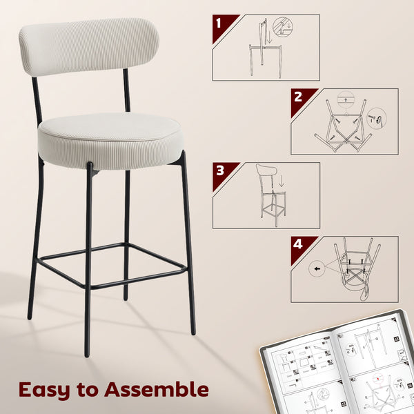 Set of 2 padded bar stools in corduroy, cream white