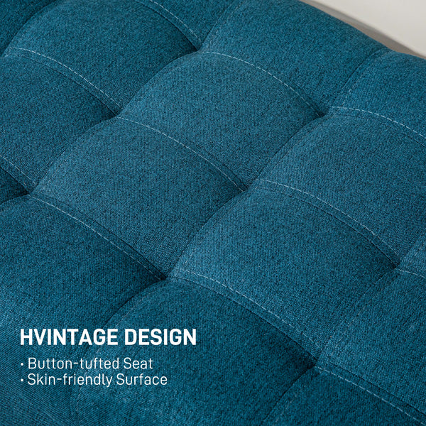 Linen fabric storage pouf with button tufting, blue