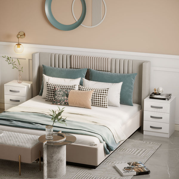 Set of 2 modern bedside tables with 3 drawers, high gloss, white