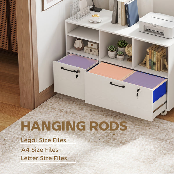 Wood-effect mobile filing cabinet with charging station and locking drawers, white