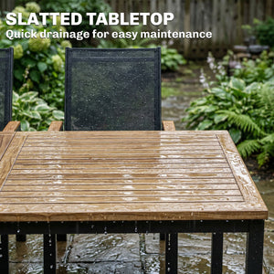 7-piece outdoor dining set, including a rectangular table and 6 mesh chairs with a slatted top