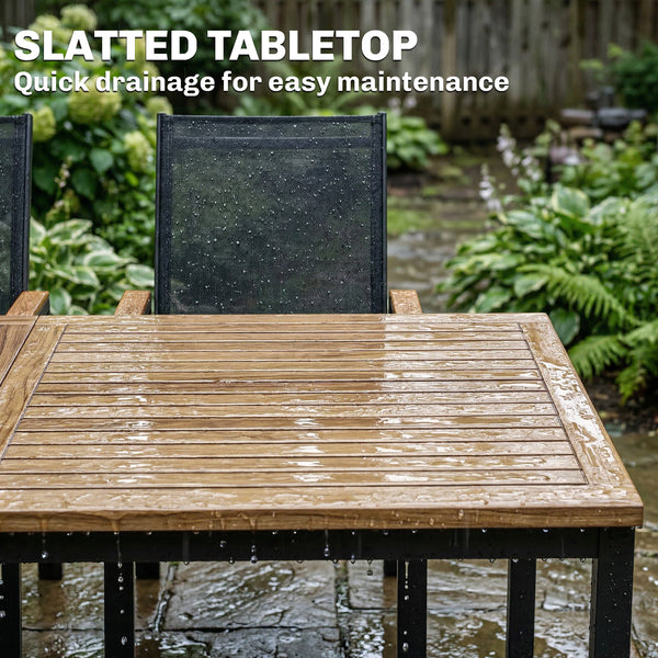 7-piece outdoor dining set, including a rectangular table and 6 mesh chairs with a slatted top